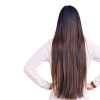 Woman wearing a sleek middle part buss down wig with natural shine