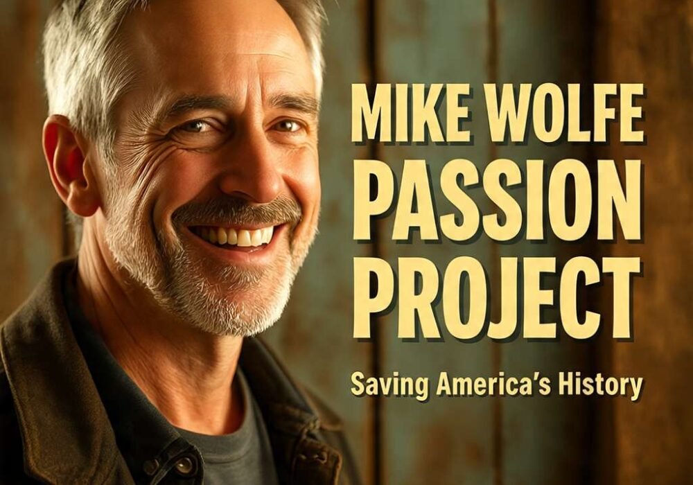 Mike Wolfe smiling in front of vintage rustic background