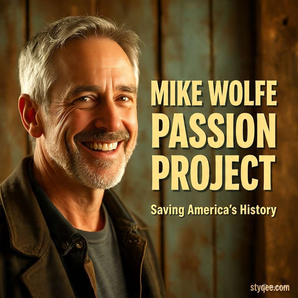 Mike Wolfe smiling in front of vintage rustic background