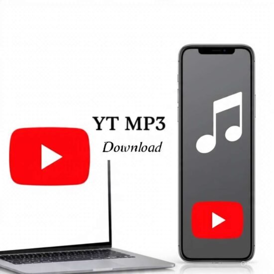 YT MP3 Download review showing YouTube to MP3 converter on laptop and phone
